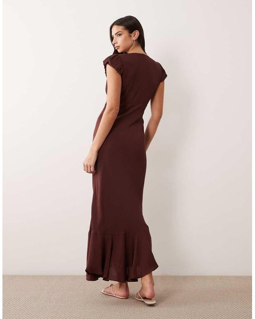 ASOS Brown Puff Sleeve V-neck Maxi Tea Dress