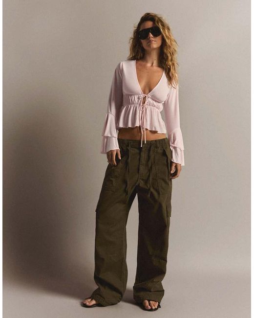 Bershka Brown Flowy Frilled T-Shirt