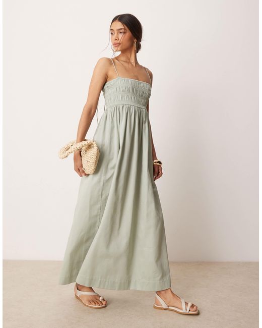 Robe longue satinée en coton avec buste froncé - vert sauge ASOS en coloris Natural