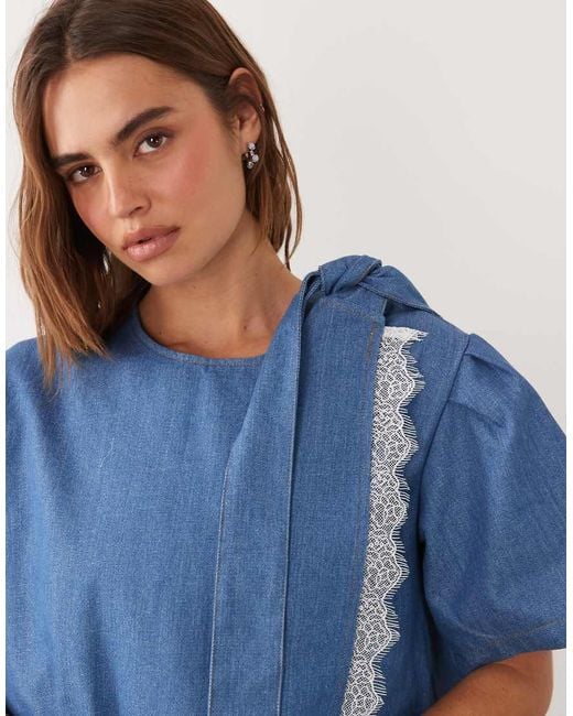 Ghospell Blue Denim Puff Sleeve Lace Trim Wrap Detail Mini Dress
