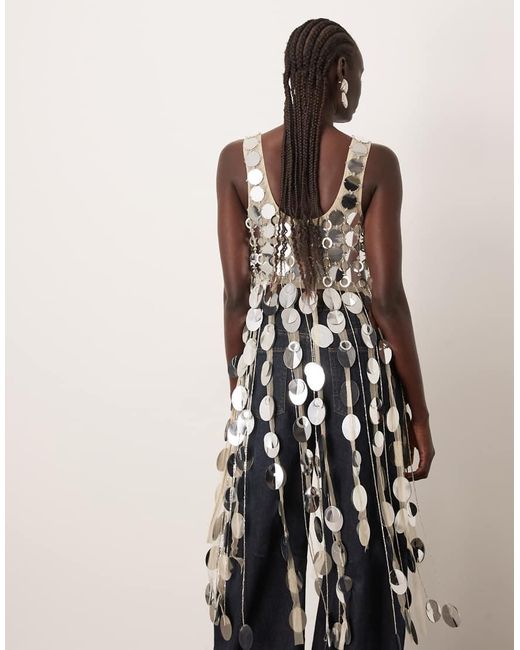 ASOS White Arrange Futurist Sequin Crop Top With Long 3D Fringe Hem