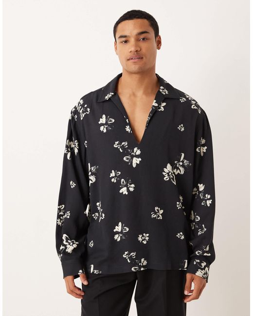 ASOS Black Relaxed Overhead Shirt With Floral Print for men