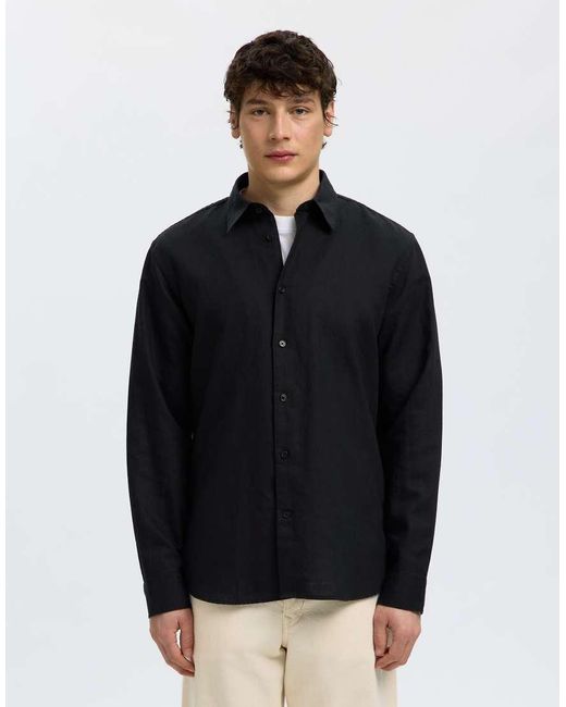 SELECTED Black Linen-Blend Shirt for men