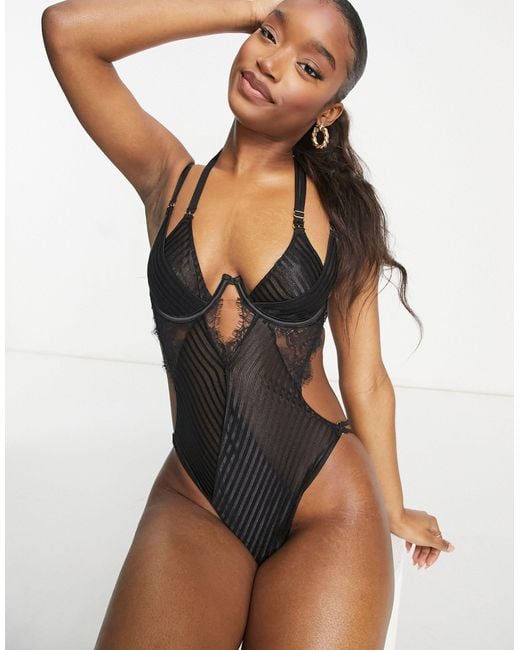 Ann Summers Ruthless Sheer Stripe And Lace Mix High Leg Bodysuit in Black |  Lyst