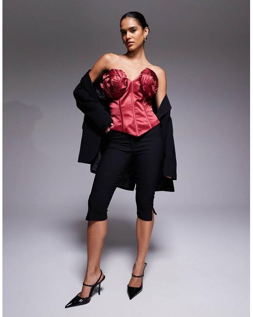 ASOS Red Bonded Satin Corset Bandeau Top With Corsage Detail