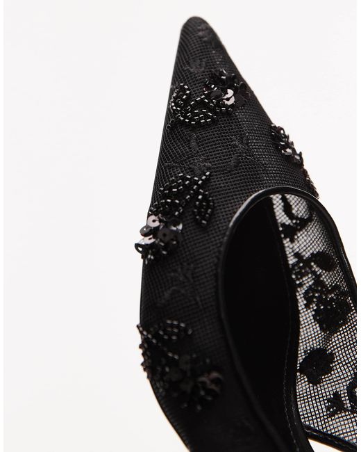 Mango Black Beaded Pointed Slingback Kitten Heel Sin