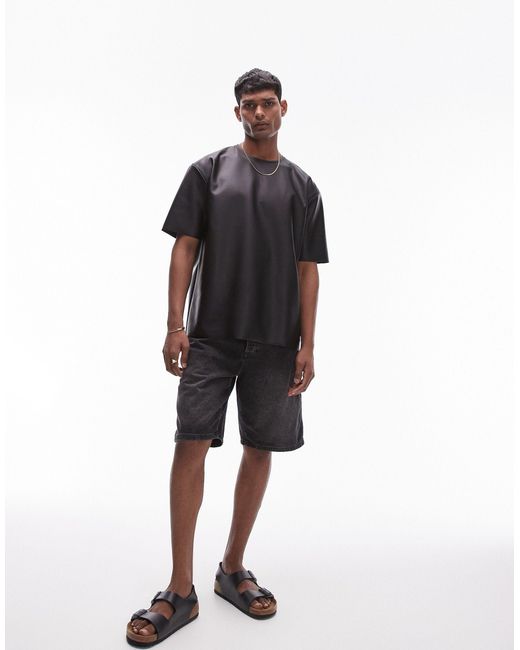 Topman Black Oversized Fit Faux Leather T-shirt for men