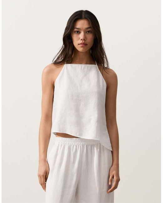 Oysho White Asymmetric 100% Linen Sleeveless Top