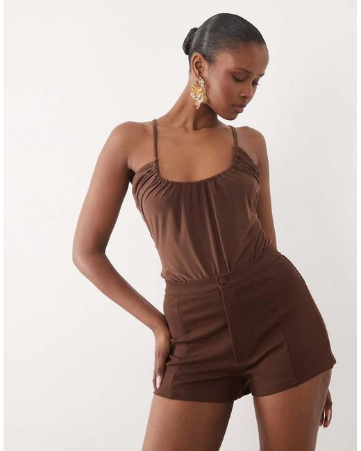 ASOS Brown Co-Ord Slinky U Scooped Bodysuit With Trim