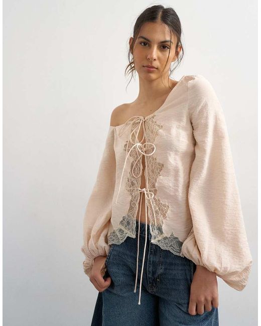 TOPSHOP Green Off Shoulder Tie Detail Lace Trim Blouse