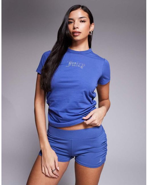 Juicy Couture Blue Co-ord Fitted Diamante Logo T-shirt