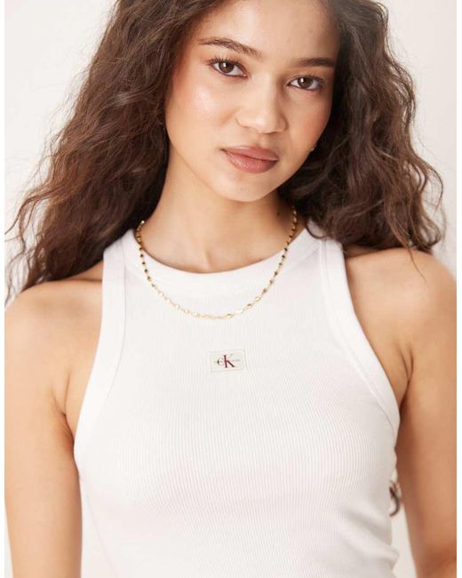Calvin Klein Geribbelde Tanktop Met Geweven Label in het White