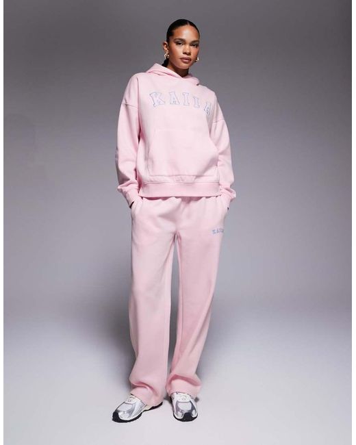 Kaiia Pink Exclusive Cotton Rich Embroidered Logo Oversized Hoodie Co-Ord