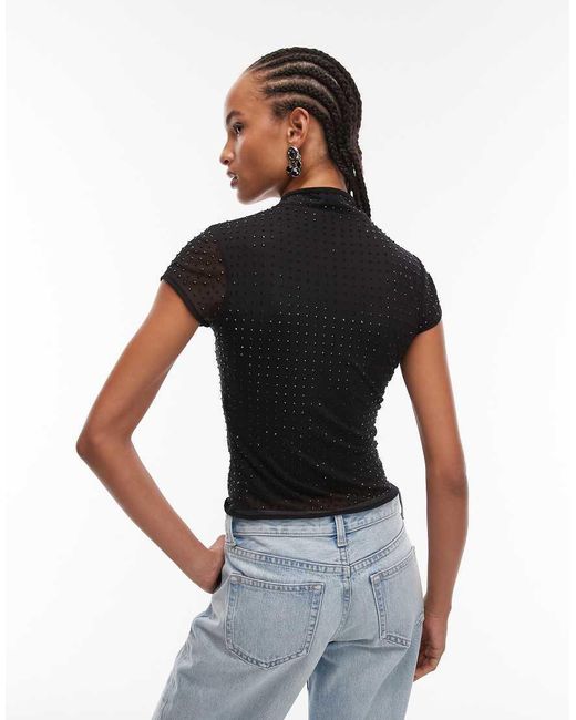 ASOS Black Hot Fix Sheer Mesh Top With Rouleau Loop Button Detail