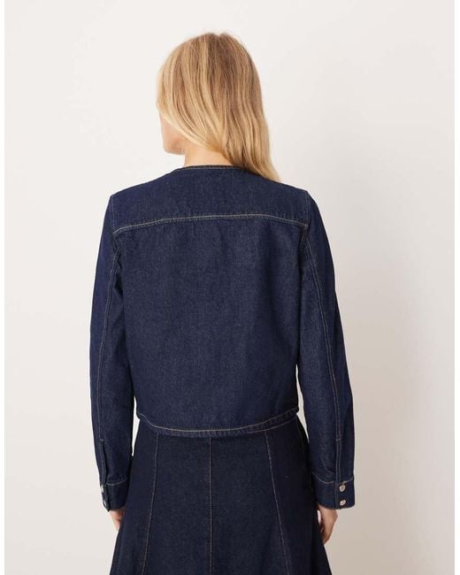 Mango Blue Collarless Denim Jacket