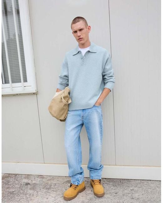 Bershka Blue Polo Collar Sweater for men