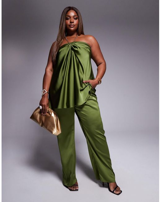 ASOS Green Curve Tailored Straight Leg Satin Trousers Co-ord
