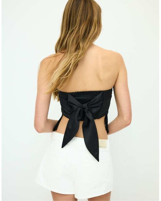 Stradivarius Black Embroidered Fringe Bustier Top