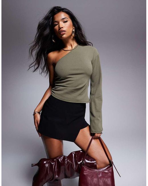 ASOS Asymmetric Long Sleeve One Shoulder Ruched Side Top in Green Lyst UK
