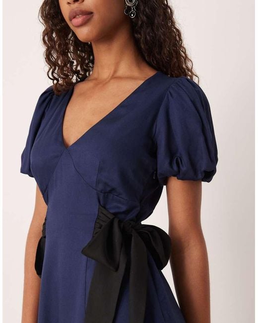 Nobody's Child Blue Remi V Neck Puff Sleeve Bow Side Mini Dress