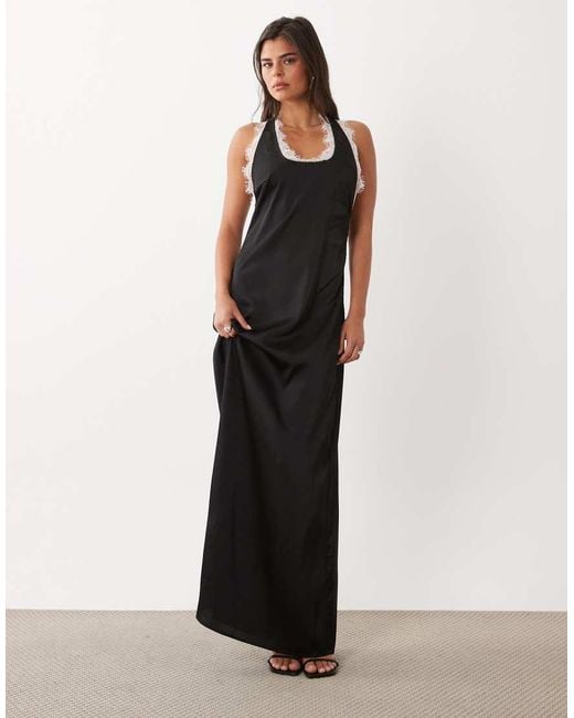 Missy Empire Black Missy Empire Satin Contrast Lace Trim Back Detail Maxi Dress
