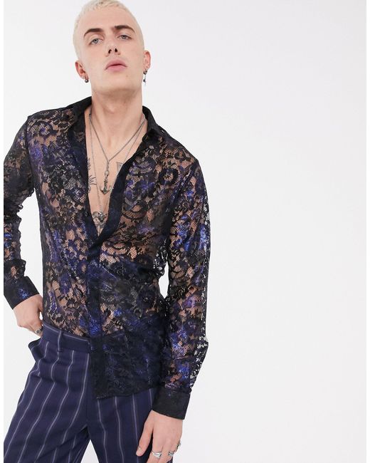 Twisted Tailor Blue Super Skinny Sheer Shirt With Floral Lace for men
