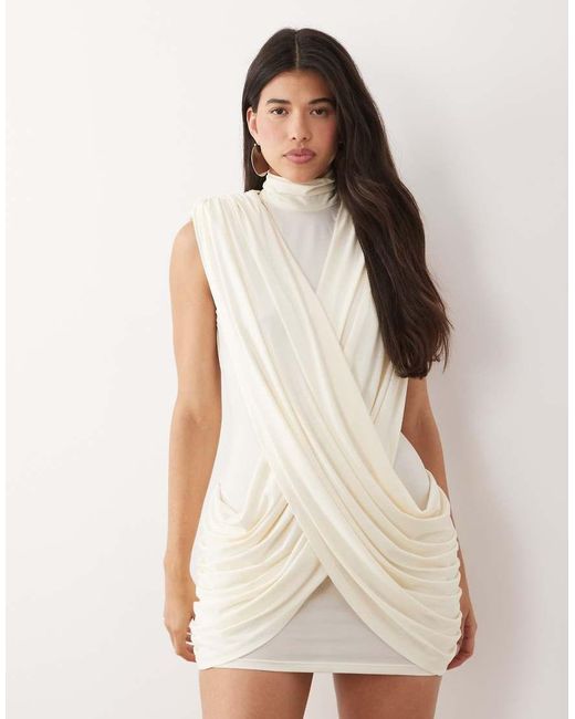 Ruched & Ready Natural Sculpting High Neck Padded Shoulder Detail Extreme Drape Front Mini Dress