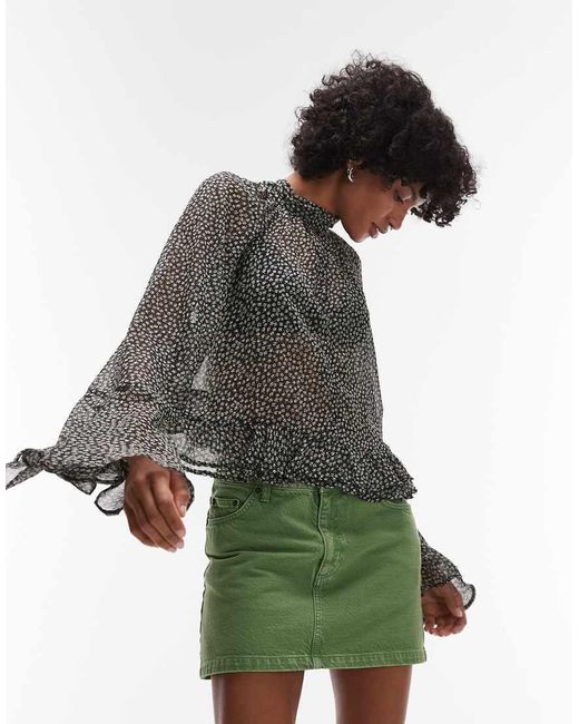 Mango Black Flute Sleeve Printed Blouse