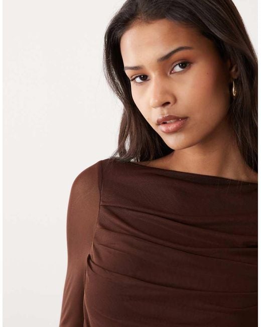 ASOS Brown Mesh Drape Boat Neck Long Sleeve Top