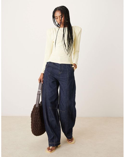 ASOS Natural Cupro Cinched Shoulder Pad Top With Long Sleeve Detail
