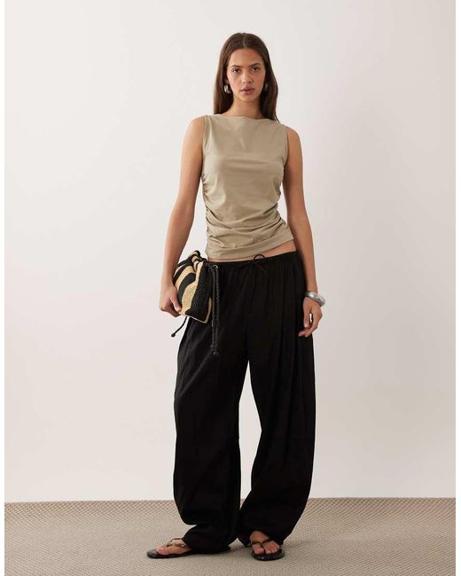 Mango Multicolor Cotton Rich Boat Neck Ruched Sleeveless Top