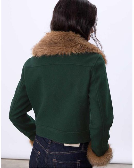 Stradivarius Green Jacket With Faux Fur Detail