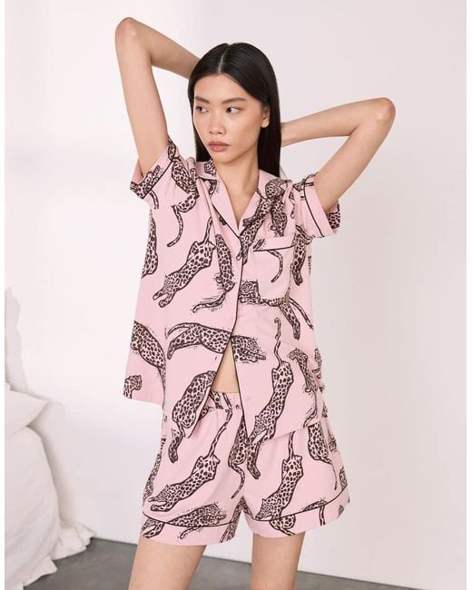 Chelsea Peers Pink Cotton Lino Cut Leopard Print Short Pyjama Set