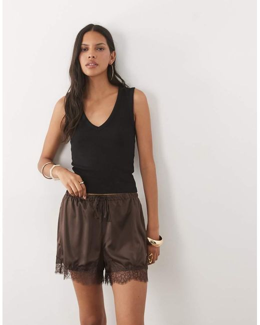 New Look Natural Lace Trim Satin Shorts