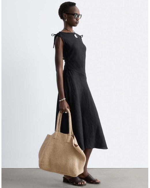 & Other Stories Black Pure Linen Asymmetric Midi Dress