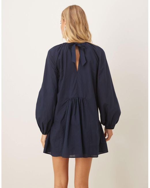 ASOS Blue Volume Smock Mini Dress With Tie Back Detail