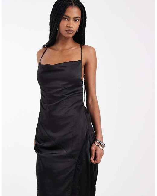 4th & Reckless White Satin Cami Strappy Lace Detail Split Front Maxi Dress