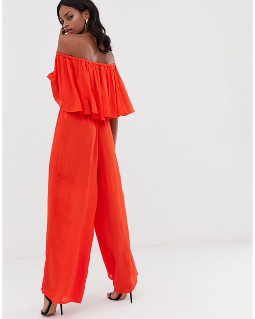 River Island Off The Shoulder Jumpsuit in Red | Lyst