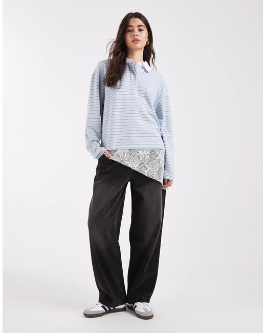 Collusion White Stripe Rugby Top With Asymmetric Lace Trim