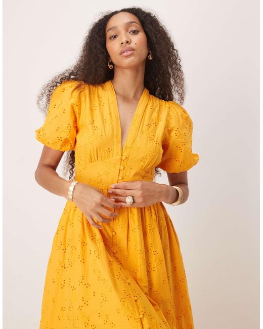 Nobody's Child Yellow Starlight Puff Sleeve Midi Dress