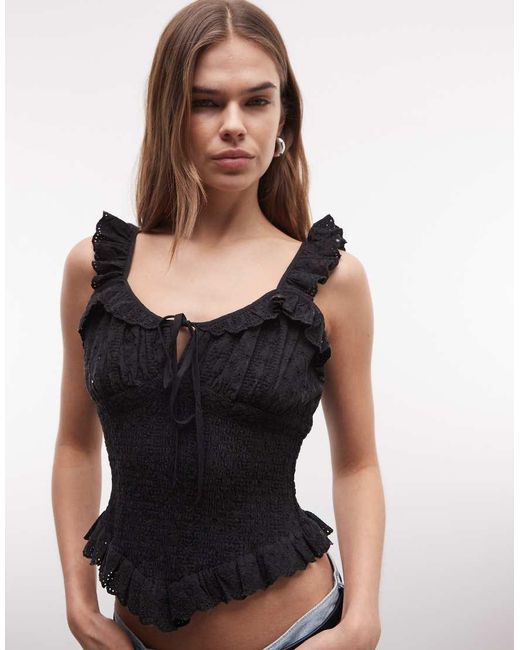 Reclaimed Vintage Black Cotton Rich Lace Trim Top