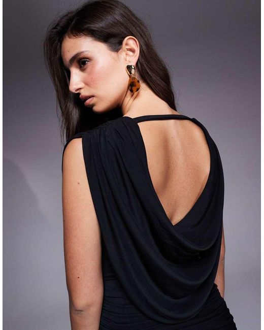 HEIRESS BEVERLY HILLS Black Mesh Cowl Neck Drape Detail Open Back Mini Dress