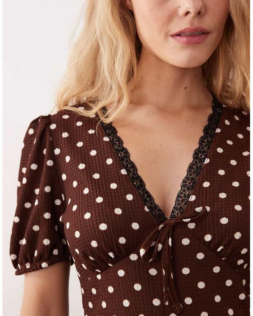 New Look Natural Polka Dot Crinkle Lace Trim Mini Dress
