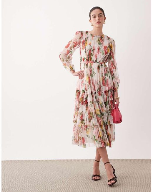 LACE & BEADS Pink Tulle Sheer Balloon Sleeve Tiered Midaxi Dress