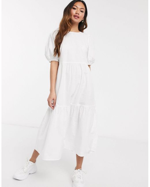 Pieces White Cotton Midi Smock Dress With Puff Sleeve
