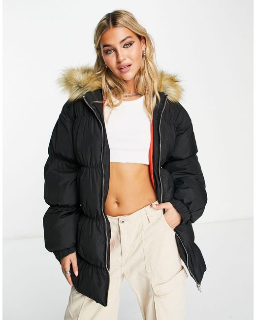 Collusion White Oversized Parka Jacket With Faux Fur Hood