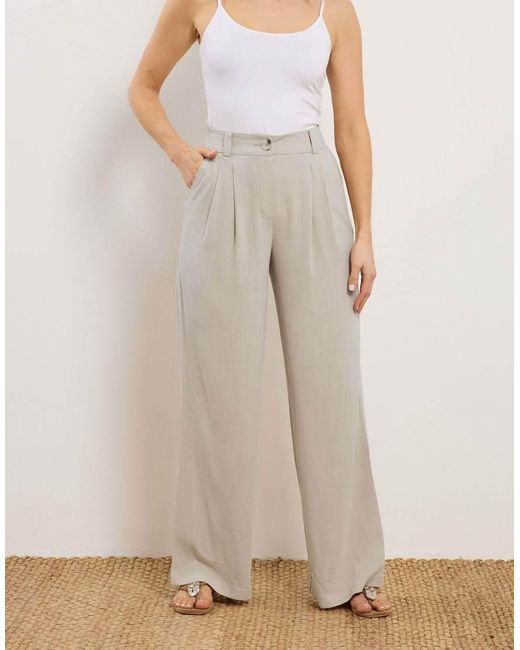 Long Tall Sally Natural Linen Pleated Wide Leg Trousers