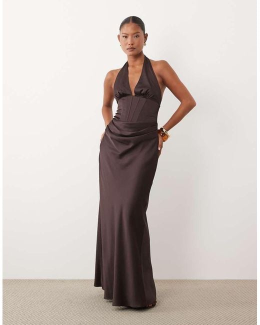 Forever New Brown Satin Plunge Corset Detail Bias Maxi Dress