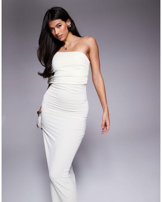 ASOS White One Shoulder Ruched Mesh Maxi Dress