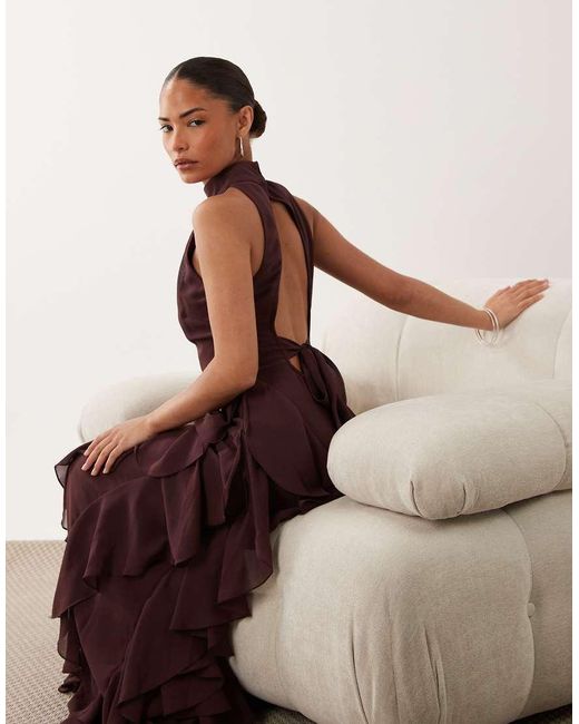 LACE & BEADS Brown High Neck Backless Ruffle Maxi Dress
